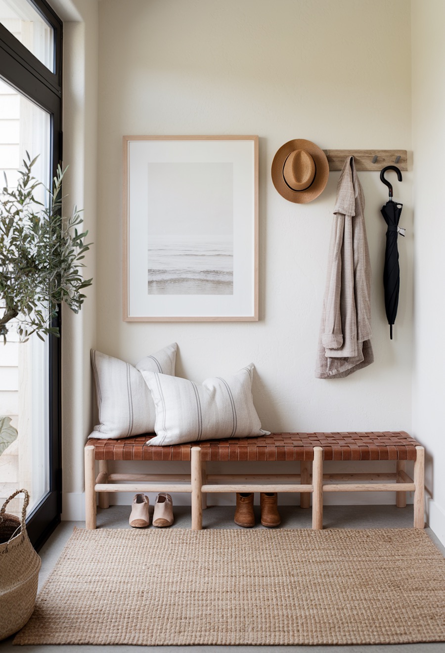 an entryway with warm boho and coastal decor