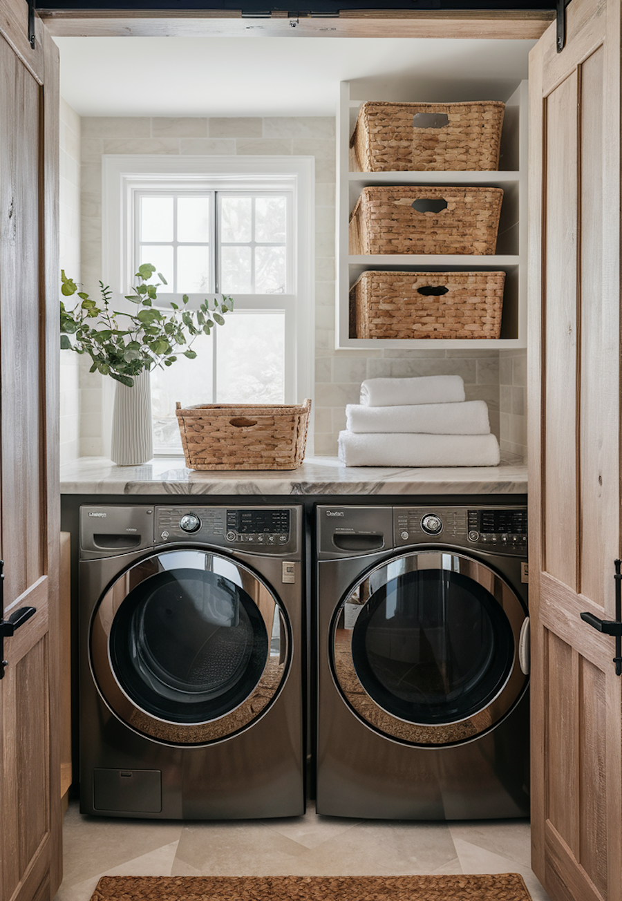 a small laundry room with baskets and foliage