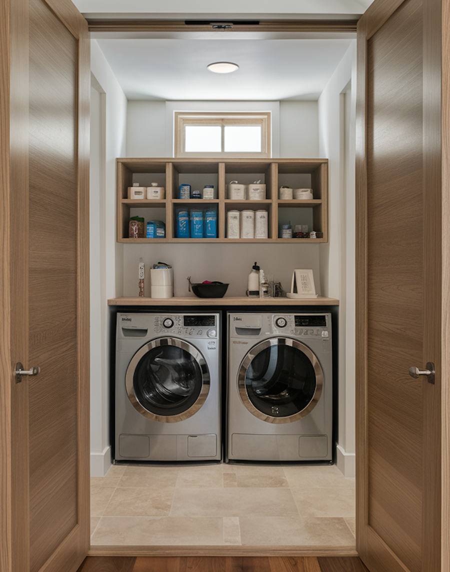 a small laundry room with open cube shelves