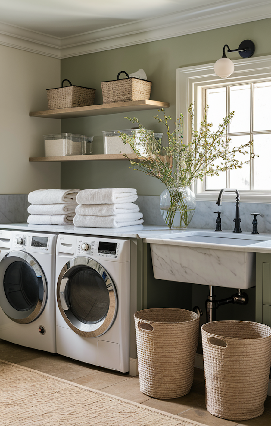 a small laundry room with a marble sink and open shelves