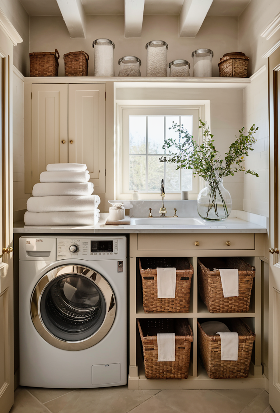 a small laundry room with counters, cubby shelves, and cabinets