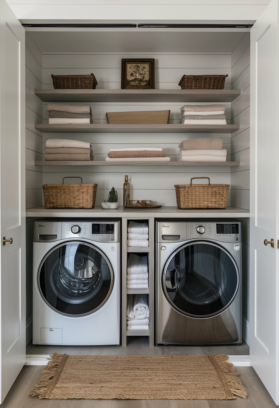 a small laundry room with counters and open shelves