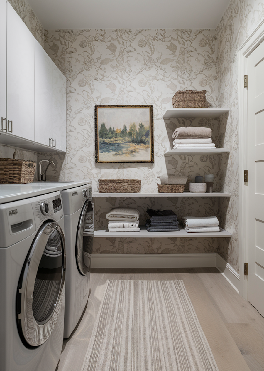 a small laundry room with upper cabinets and built in shelves