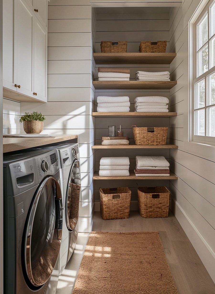 a small laundry room with built in shelves and upper cabinets