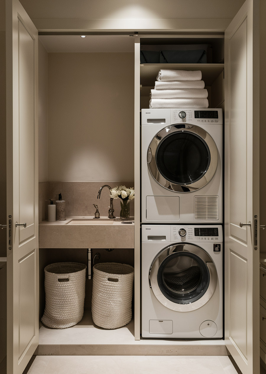 a small laundry room with a sink, stacked machines, and baskets