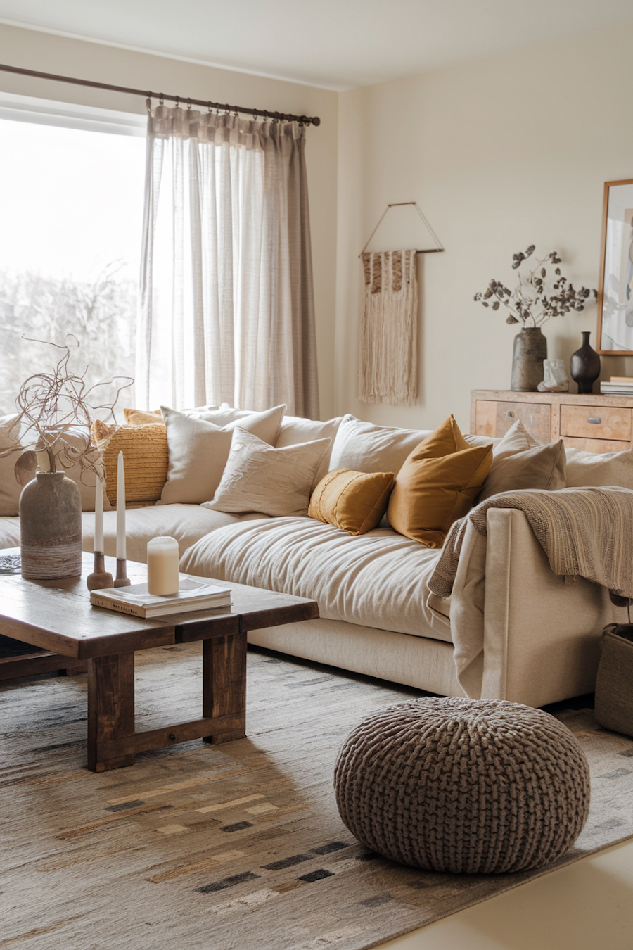 a living room with warm neutrals and plush seating