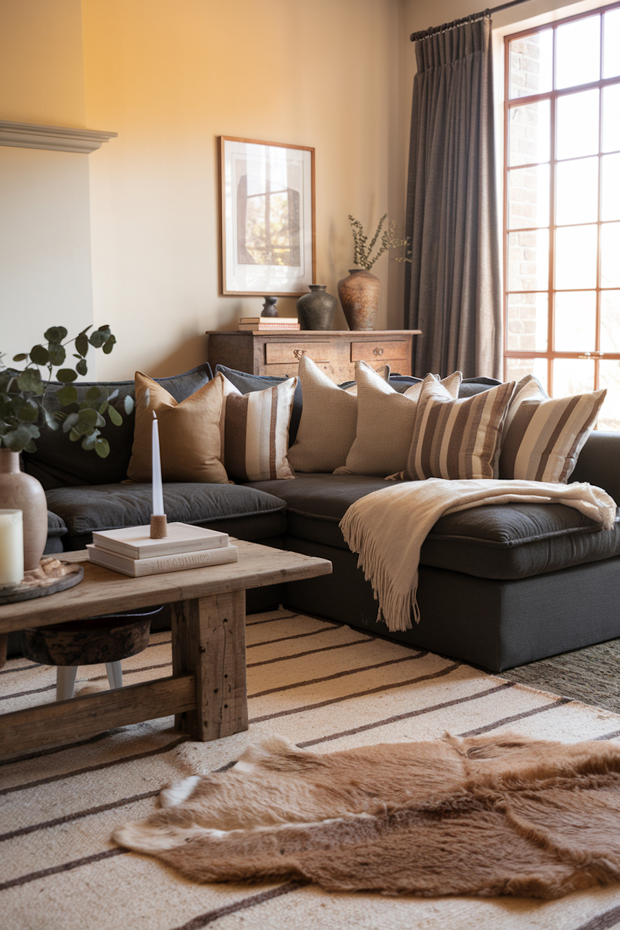 a living room featuring black and beige tones