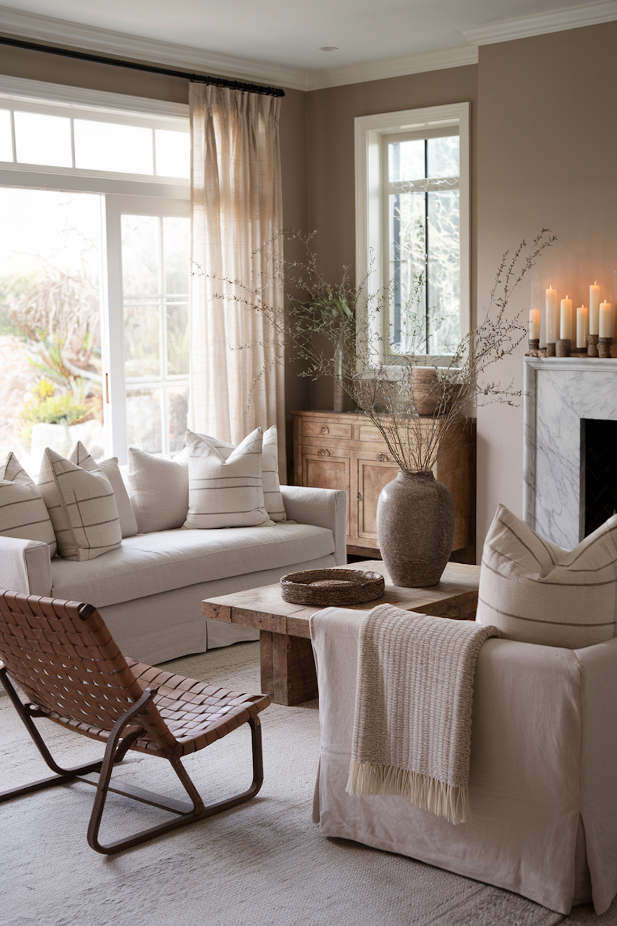 a living room featuring camel and white tones