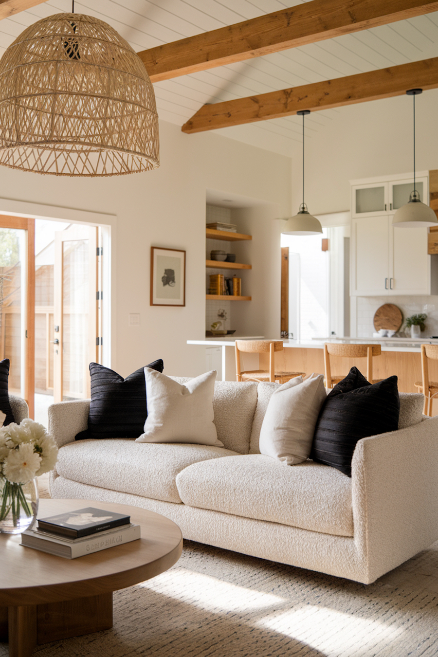 a living room featuring neutral shades and boho decor