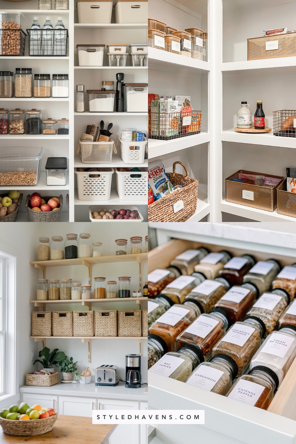 collage of four well organized pantries