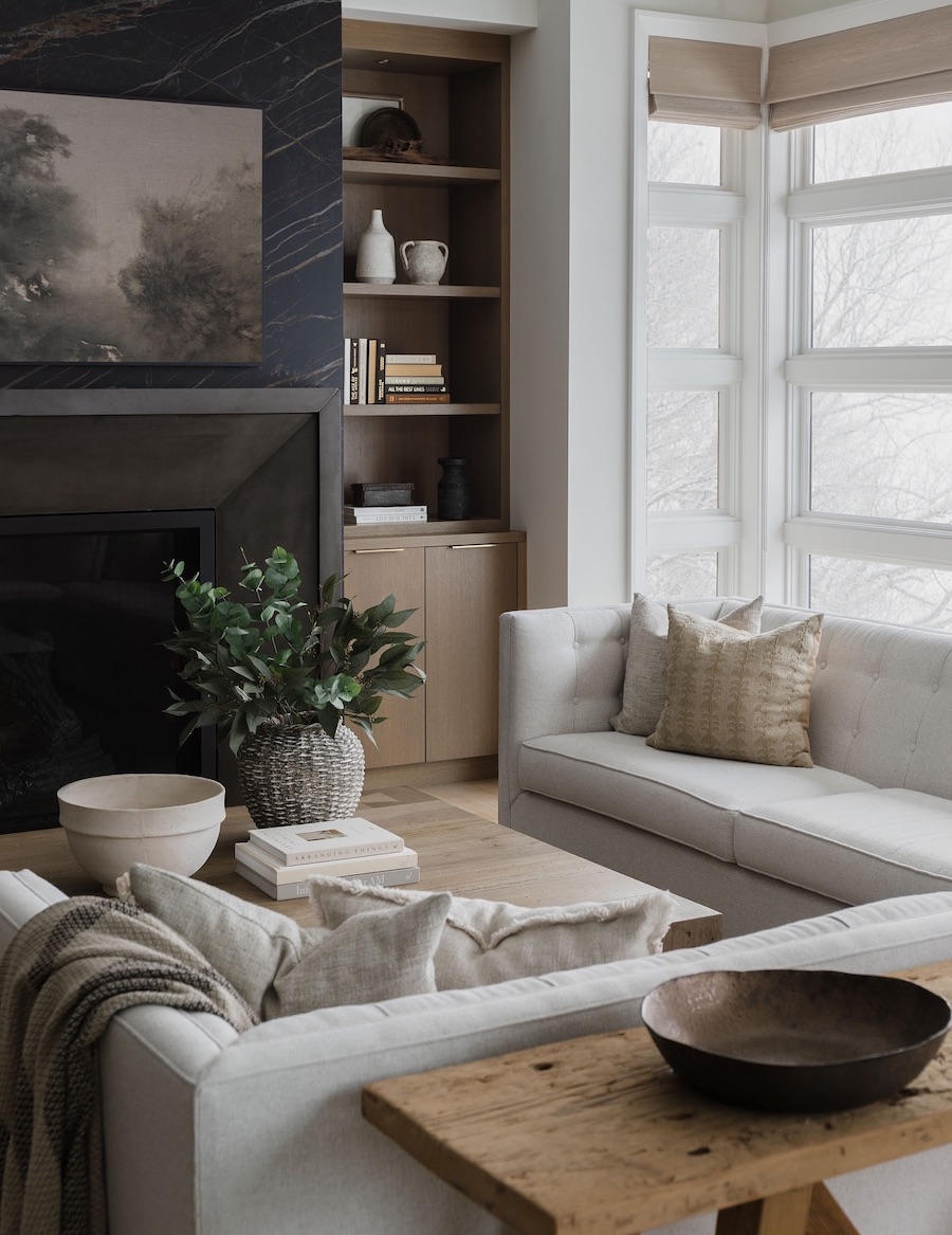 a living room featuring black and white furnishings