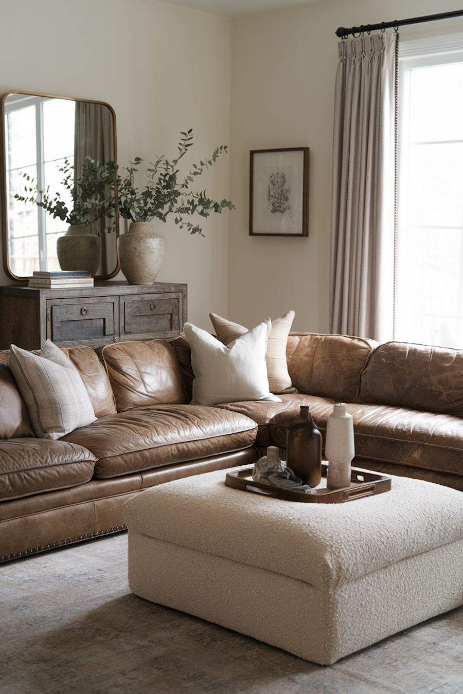 a living room featuring tan leather and white boucle pieces