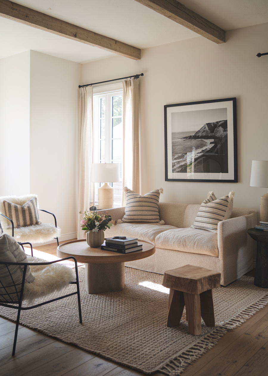 a living room featuring white and wood furnishings and coastal touches