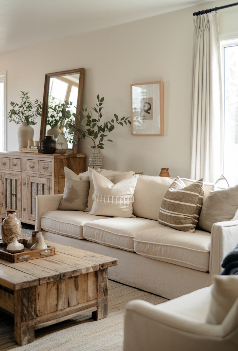 a living room featuring boho decor and light wood and white tones