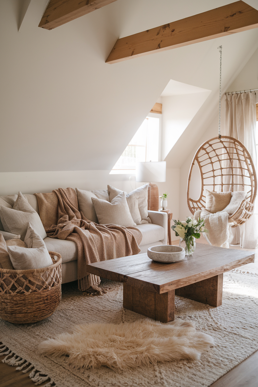 a living room featuring warm neutrals and bohemian flair