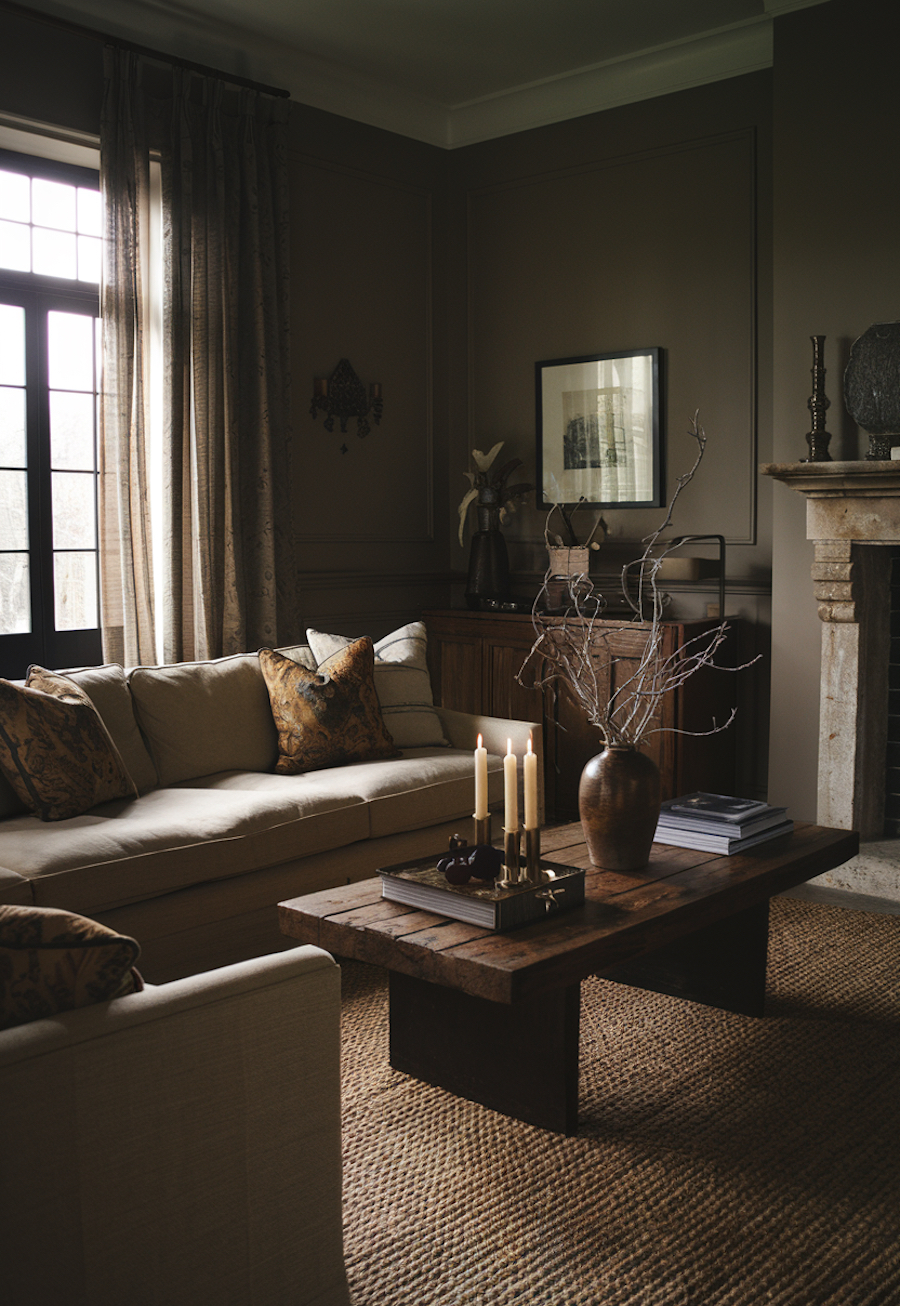 a living room featuring moody decor