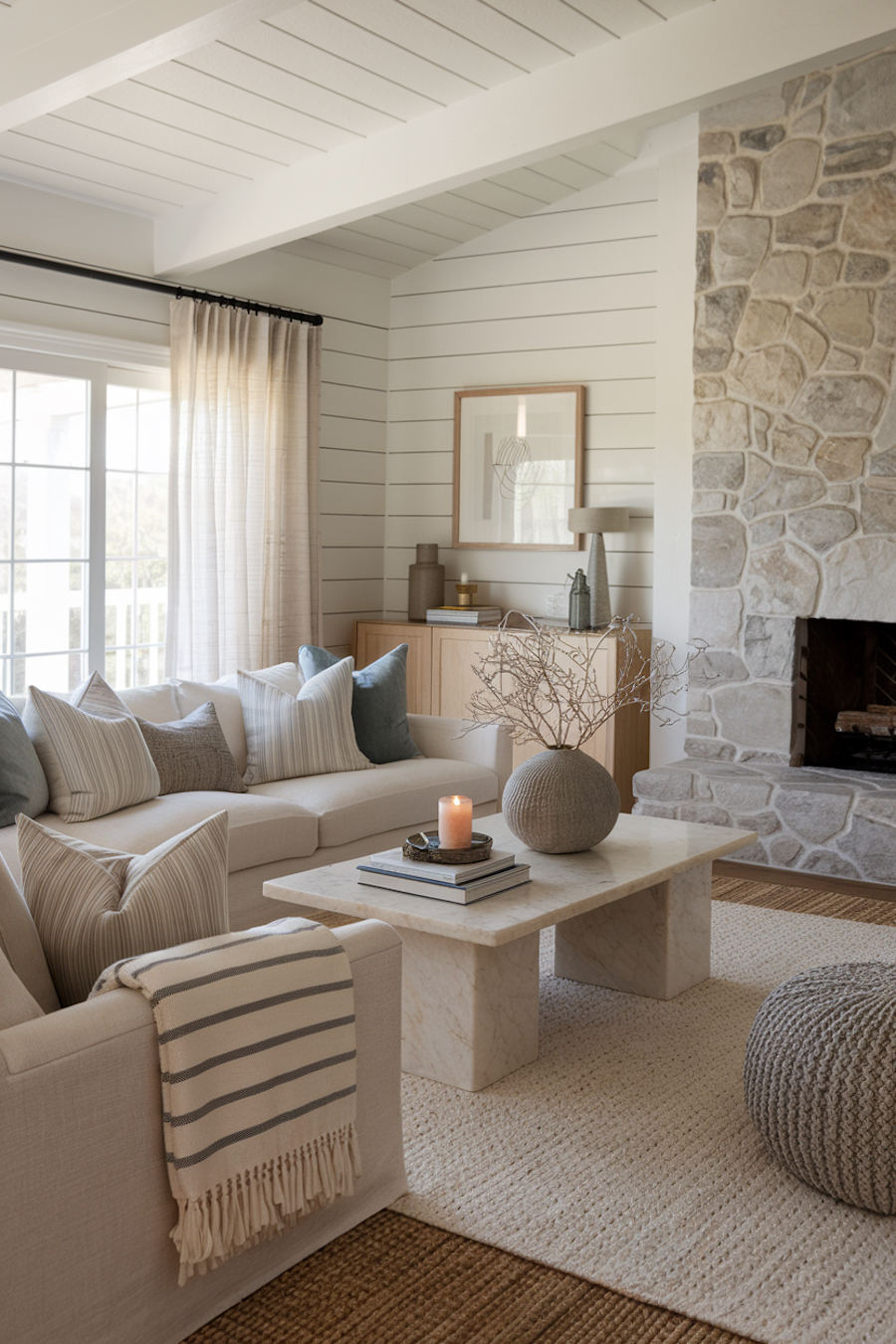 a living room featuring a stone fireplace and simple decor