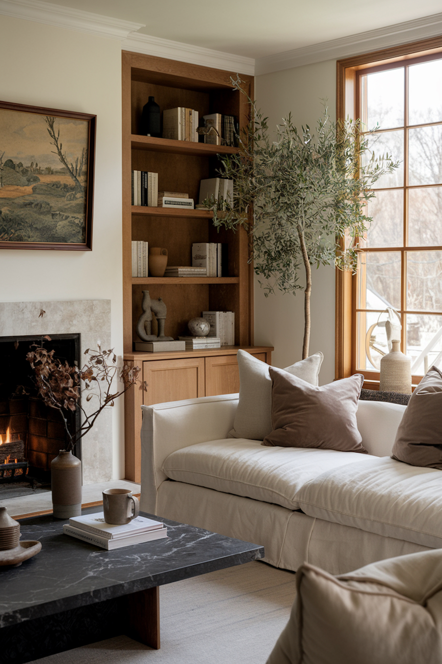 a living room featuring a built in shelf and natural neutral decor