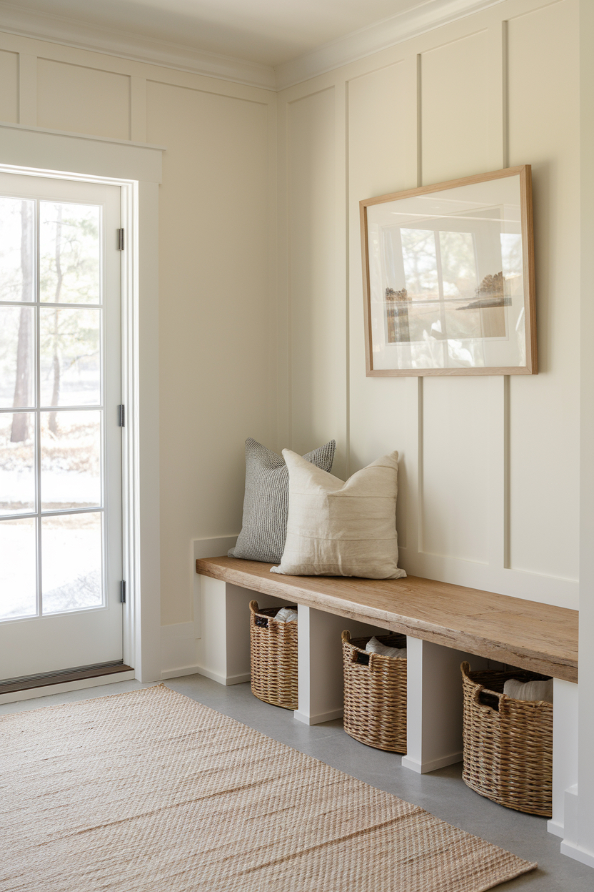 a mudroom featuring a bench and baskets for storage