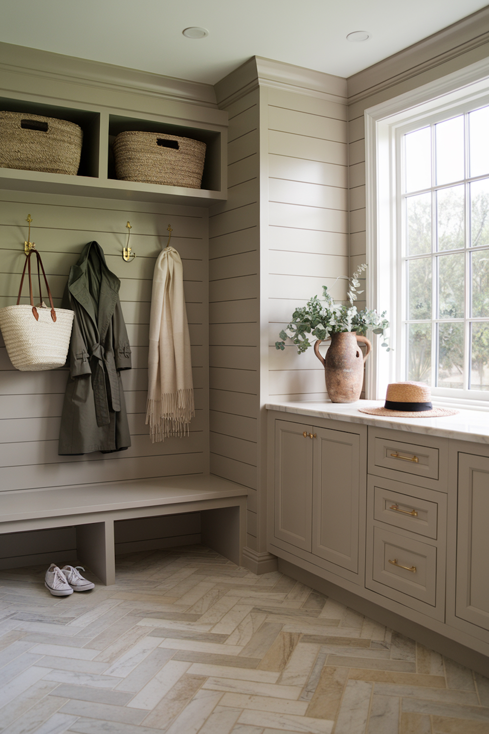 a mudroom featuring shiplap and rustic decor with storage for clothing and shoes