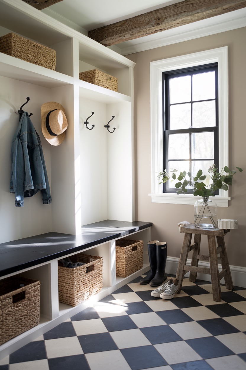 a mudroom with checkerboard tiles and black and white decor