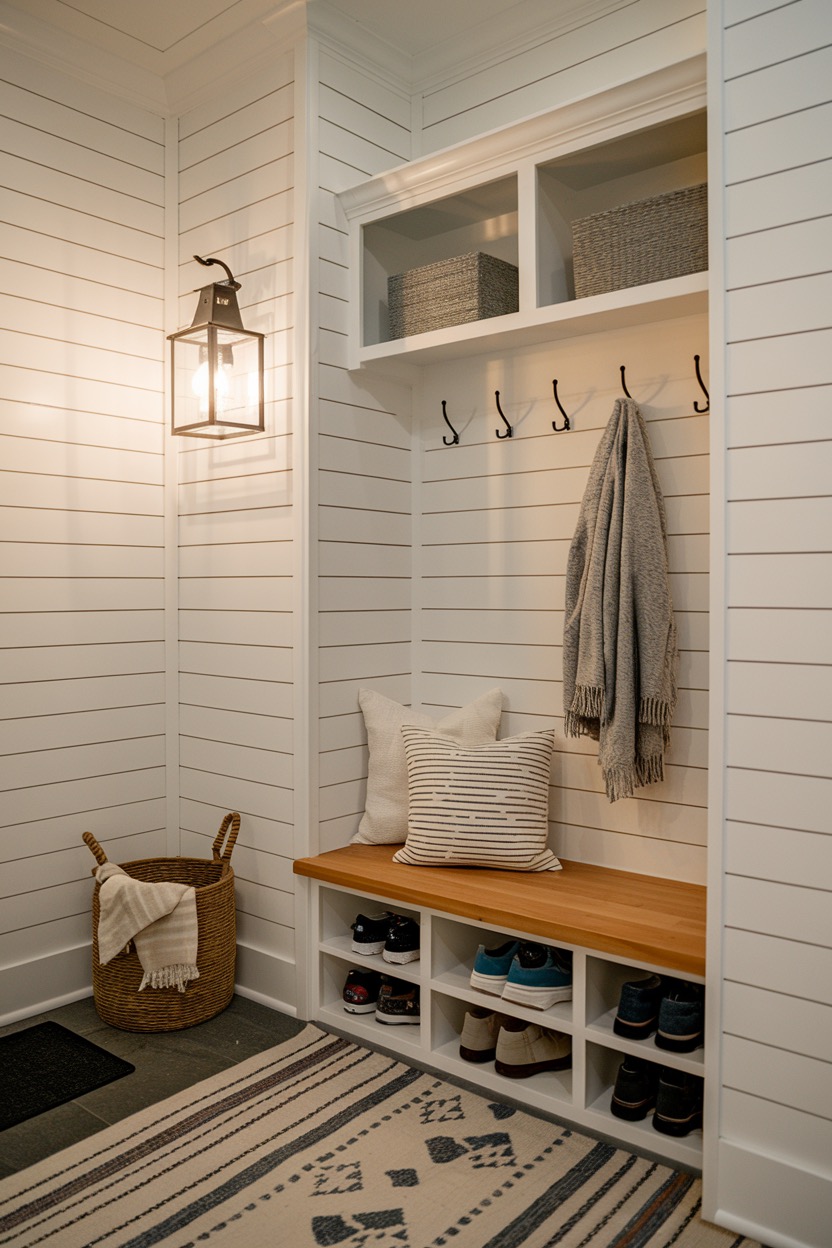 a mudroom with white shiplap walls, shoe storage, coat hooks, and minimal decor