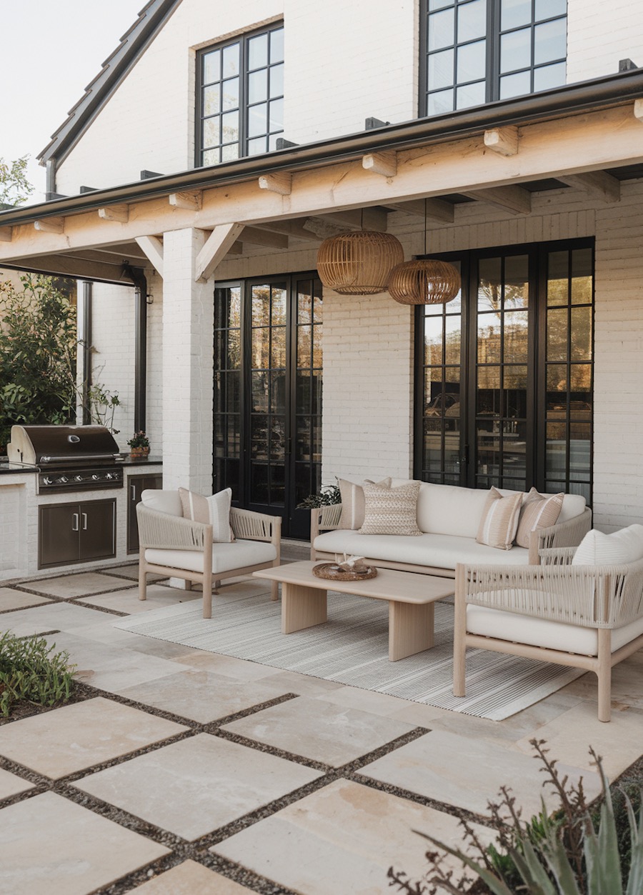 an outdoor patio featuring neutral tones and subtle boho decor