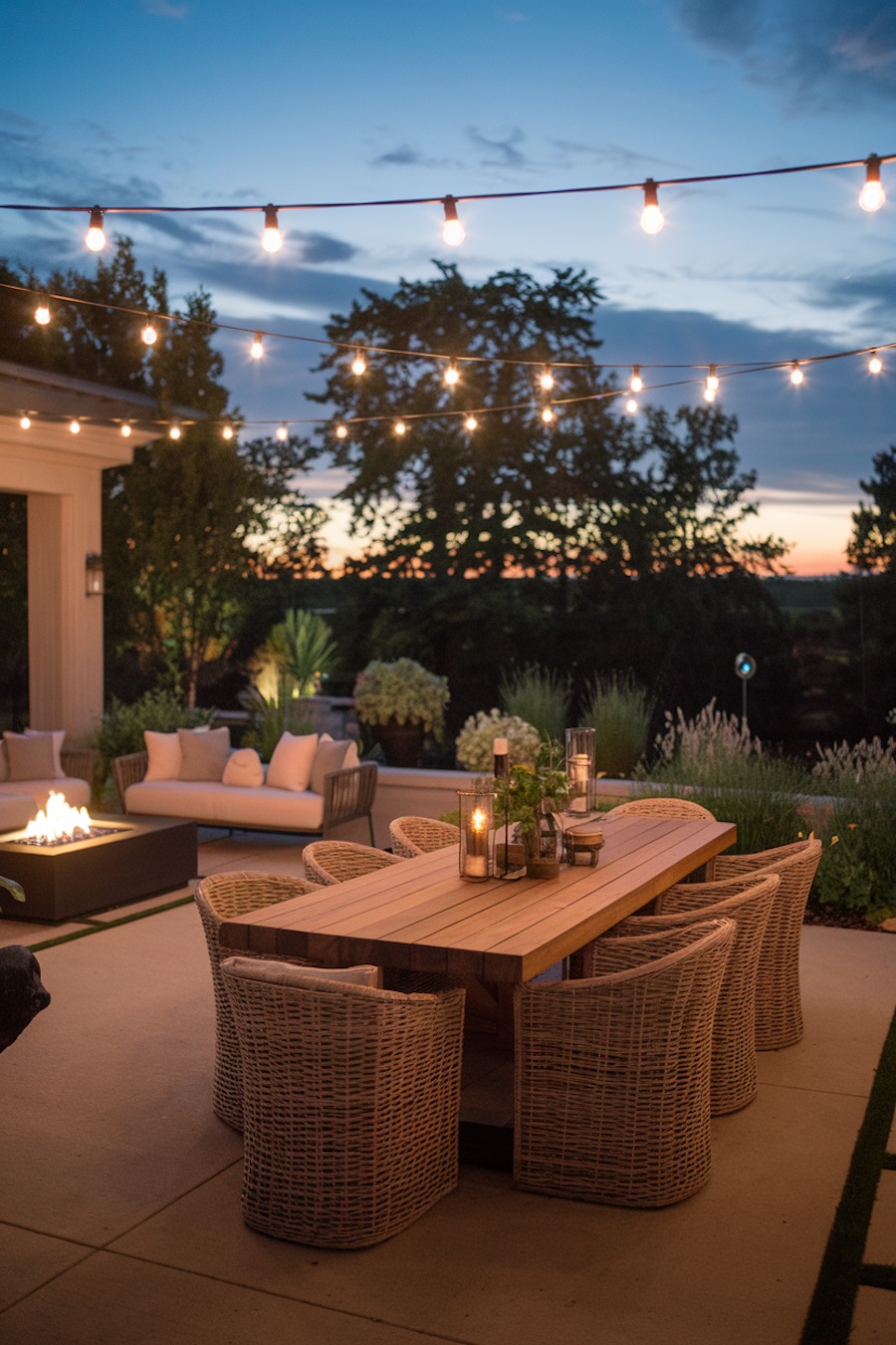 a backyard patio with lights and a dining table and lounge area