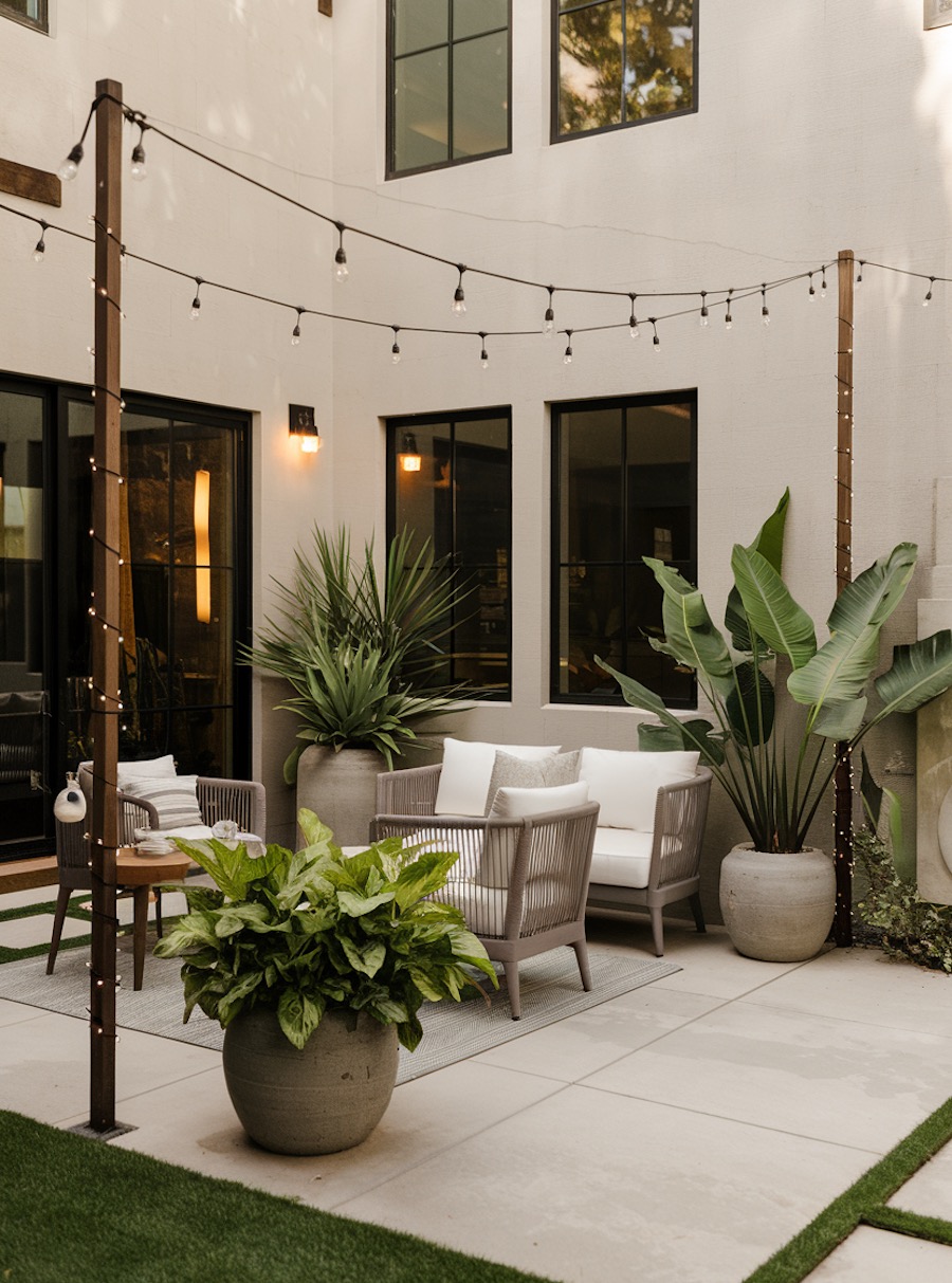 a backyard patio with lights, plants, and neutral furniture