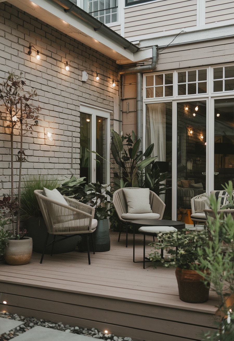 an outdoor patio featuring neutral colors and plants