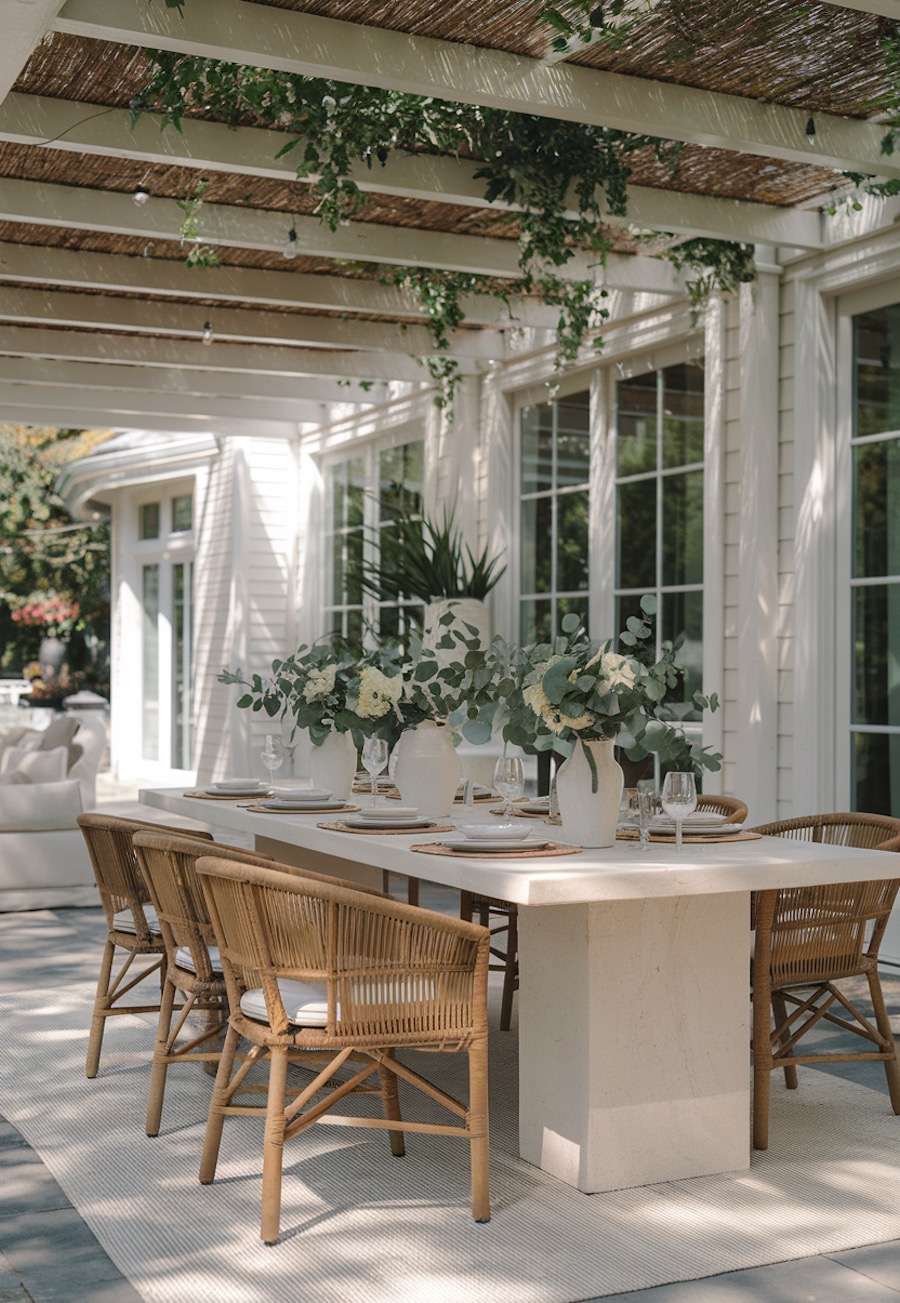 a backyard patio with elevated boho decor