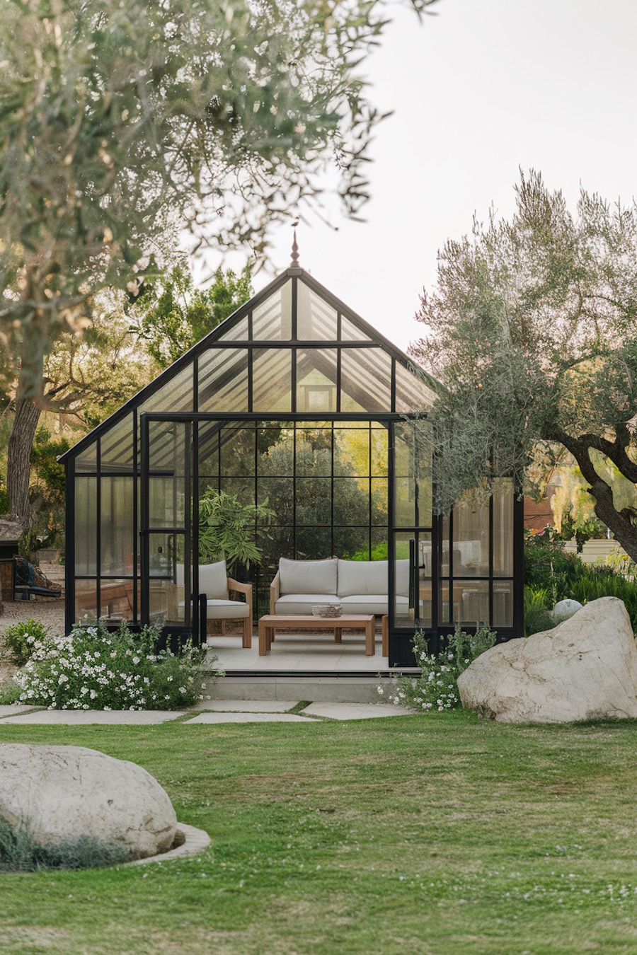 a greenhouse with patio furniture