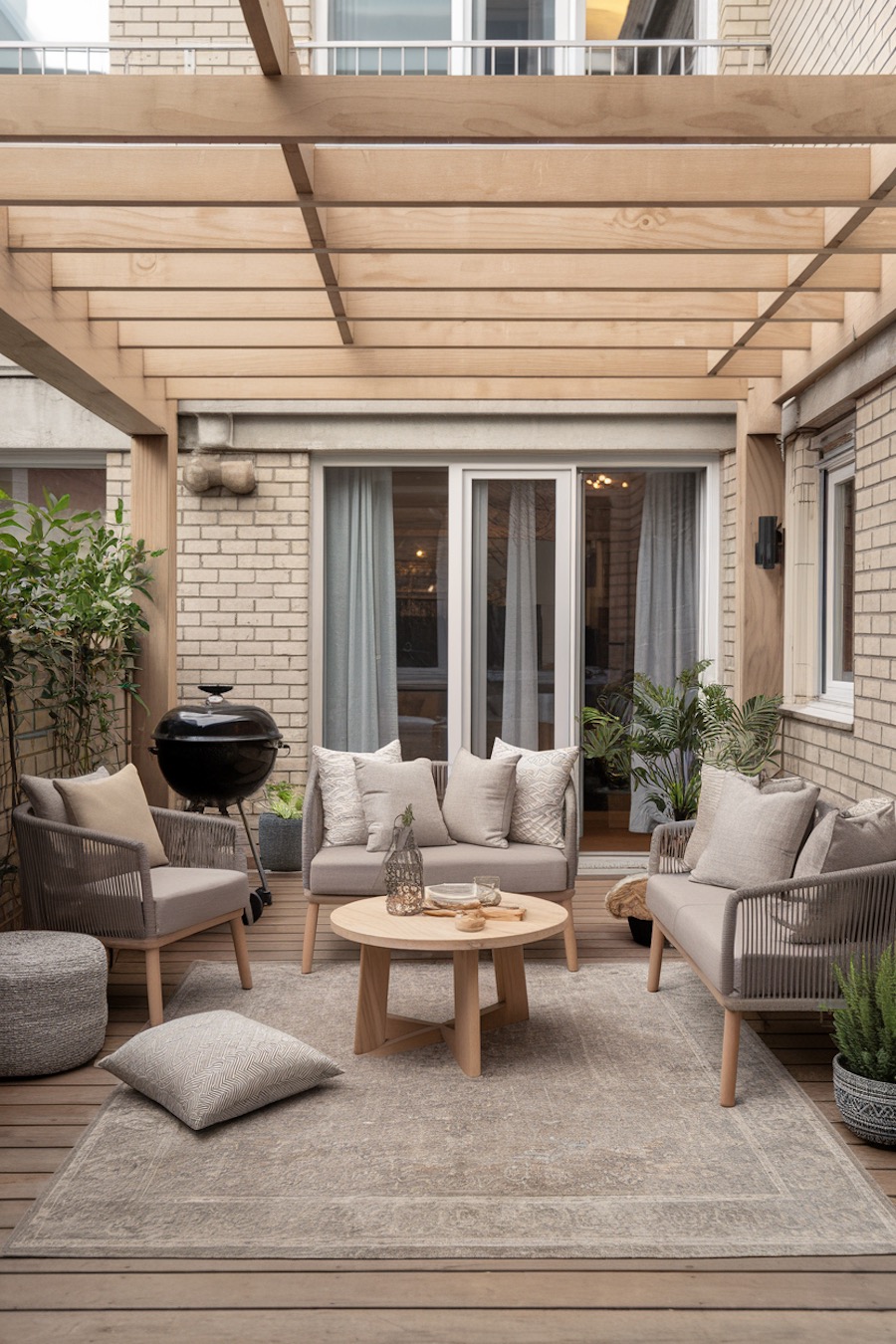 neutral patio furniture under a pergola