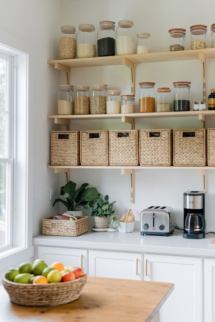 open shelving pantry with glass canisters and wicker baskets