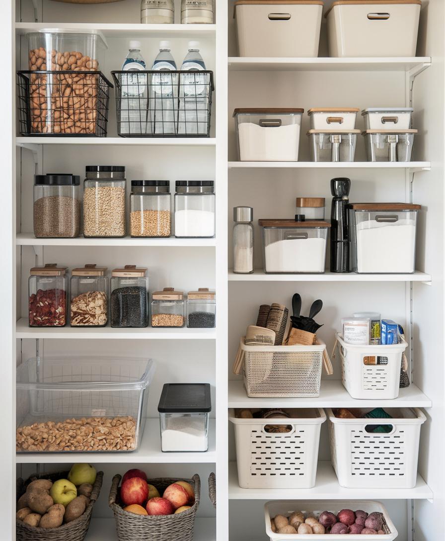 a small pantry with white built-in shelves, white plastic bins, wire baskets, and glass canisters