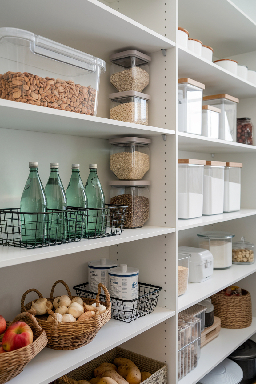 a pantry with white shelves, wicker and wire baskets, and acrylic bins